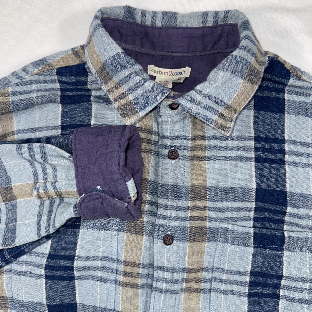 Carbon 2 Cobalt Linen Blend Shirt Men M Button Up Plaid Purple Blue Flip Cuff LS